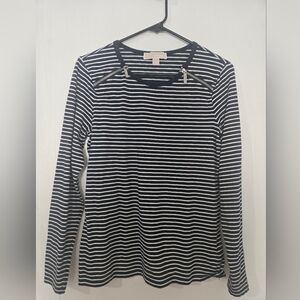 Michael Kors Navy and White Striped Long Sleeve Top, Functional Zippers At Top